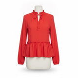 Loft Womens Red Peplum Blouse Long Sleeve Ruffle Neck Feminine Style Sz  XS