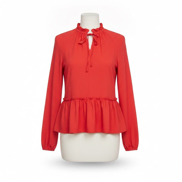 Loft Womens Red Peplum Blouse Long Sleeve Ruffle Neck Feminine Style Sz  XS