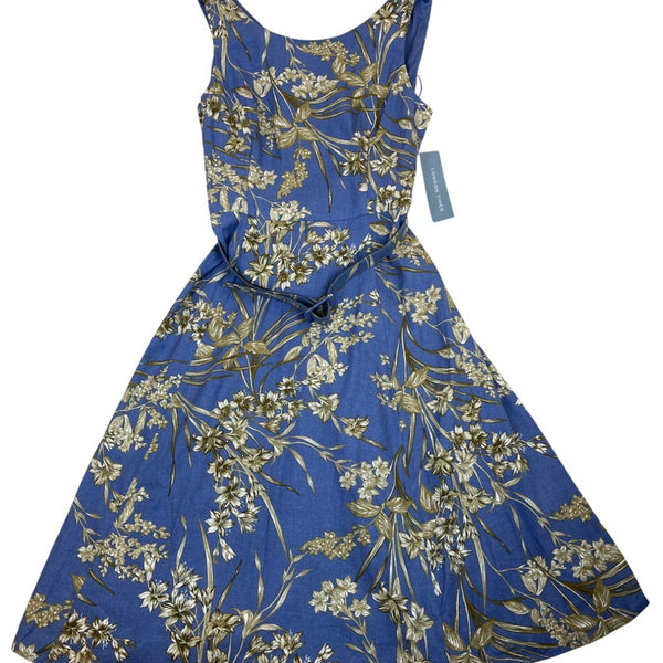 London Times Womens Blue Gold Floral Sleeveless Belted Midi Dress Size 10 - New
