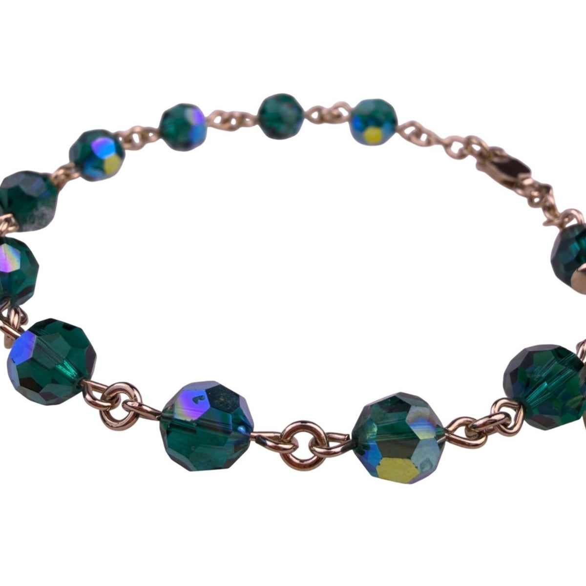 Rosary Bracelet Women Green Crystal Beads Gold Tone Crucifix Religious Charm