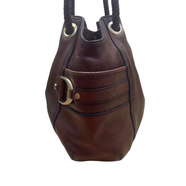 Cole Haan Women’s Brown Leather Drawstring Braided Handles Slouchy Shoulder Bag