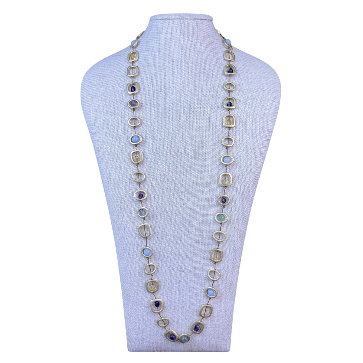 Long Necklace Women Multicolor Natural Stones Metal Design With Earrings