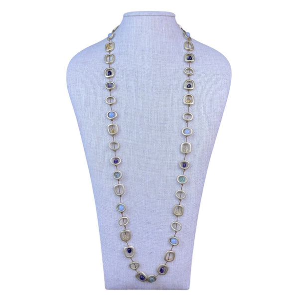 Long Necklace Women Multicolor Natural Stones Metal Design With Earrings