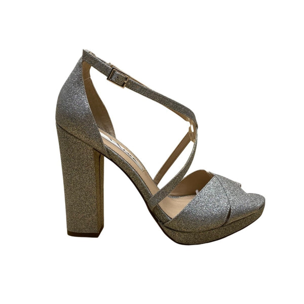 Nina Women’s Silver Glittered Chunky Heel Crisscross Strap Dress Sandals Size 8M