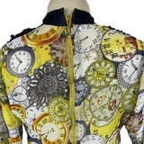 Clock Print Womens Yellow Chiffon Dress With Beaded Collar Lace Detail Sz 40