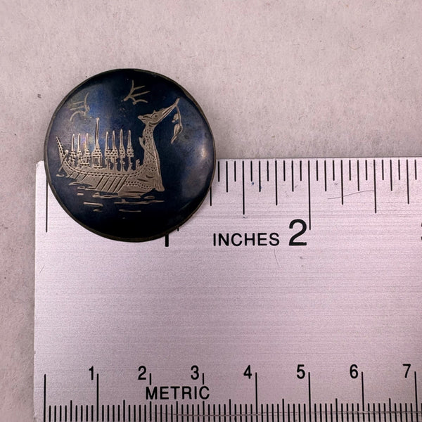 Vintage Siam Sterling Black Enamel Brooch Dragon Boat Design Round