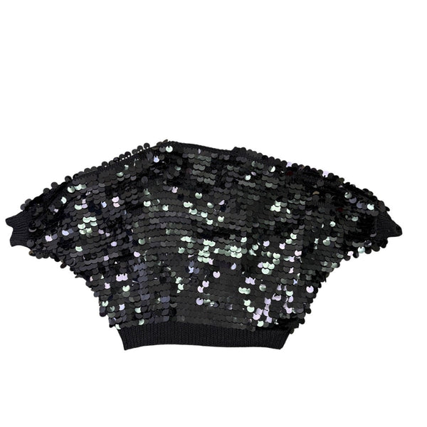 Black Sequin Women’s Cropped Batwing Sweater Top One Size Adjustable Fit