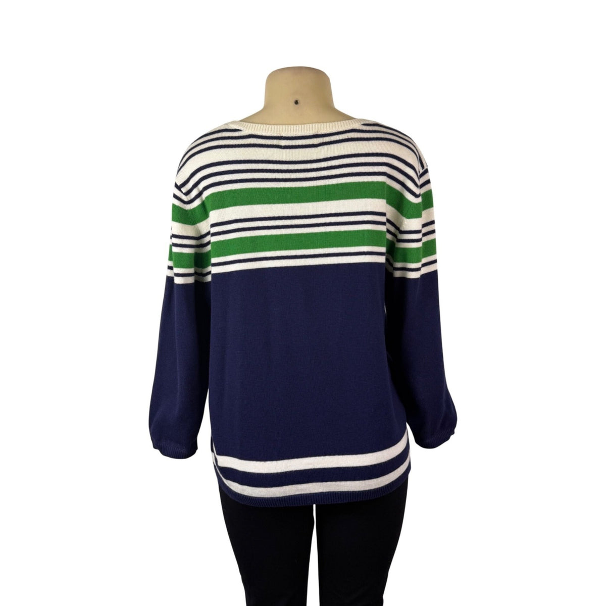 Alfred Dunner Womens Blue Green White Cotton Blend Floral Striped Sweater Size L