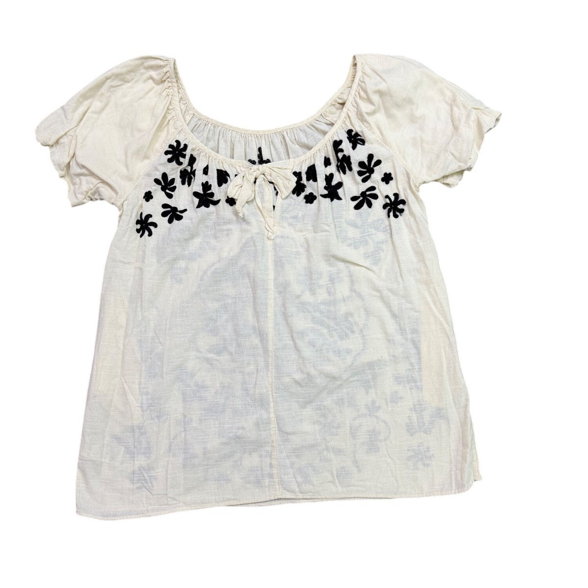 White Womens Cotton Embroidered Floral Short Sleeve Blouse Boho Casual Top Sz M