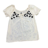 White Womens Cotton Embroidered Floral Short Sleeve Blouse Boho Casual Top Sz M