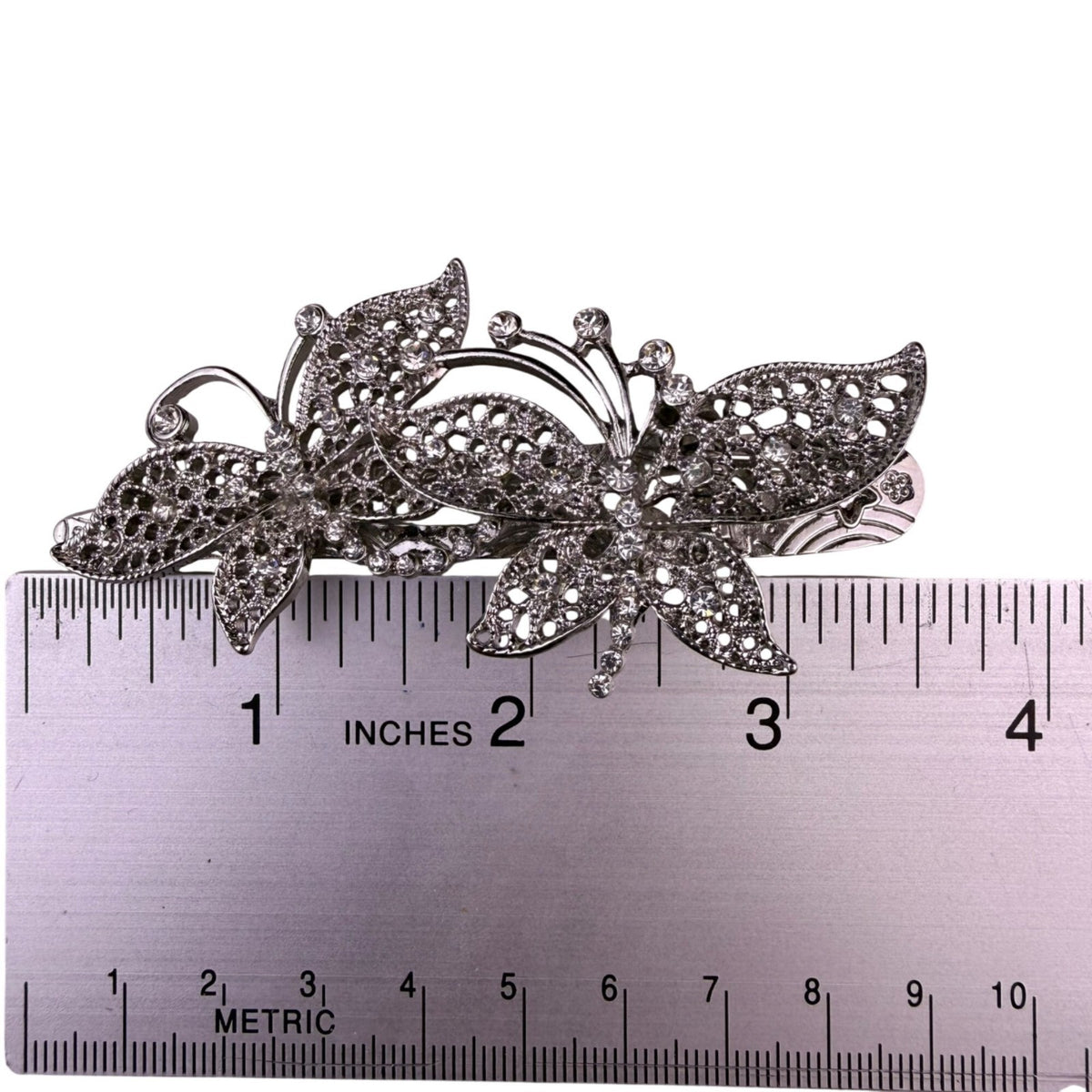 Silver Tone Rhinestone Butterfly Hair Clip Elegant Floral Filigree Design