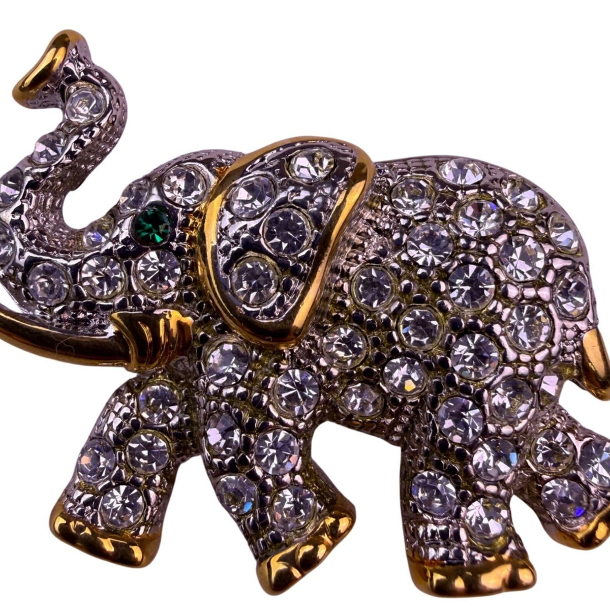 Vintage Gold Tone Rhinestone Elephant Brooch With Green Eye Jewelry Accessory