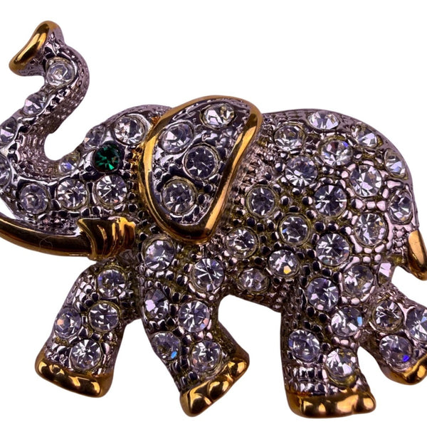 Vintage Gold Tone Rhinestone Elephant Brooch With Green Eye Jewelry Accessory