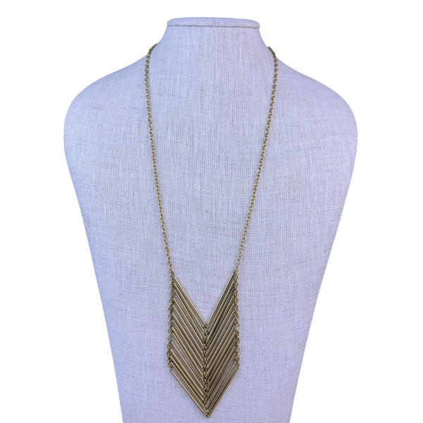 Long Gold Tone Chevron Necklace Womens Metallic Tubes Adjustable Chain