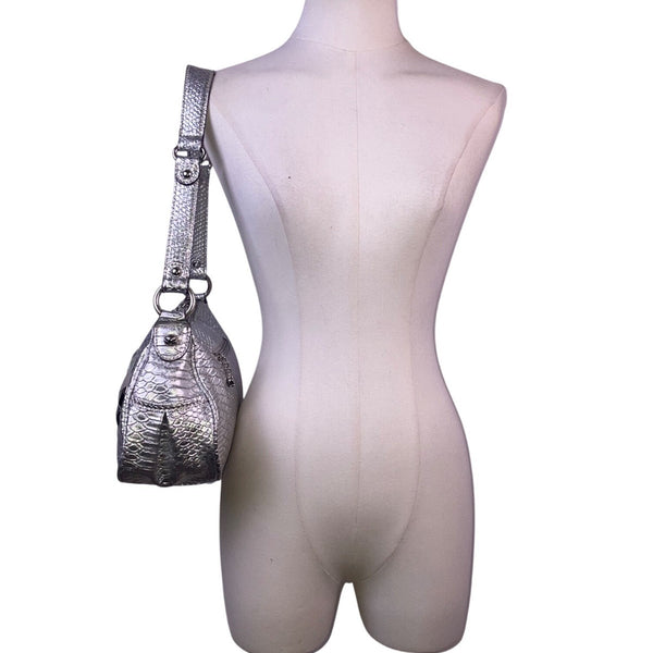 Kathy Women’s Silver Faux Snakeskin With Gemstone Embellishments Shoulder Bag
