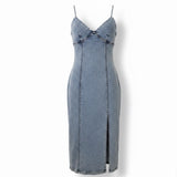 Habitual Womens Blue Cotton Denim Midi Slip Dress W/ Slit  Casual Stylish Size L