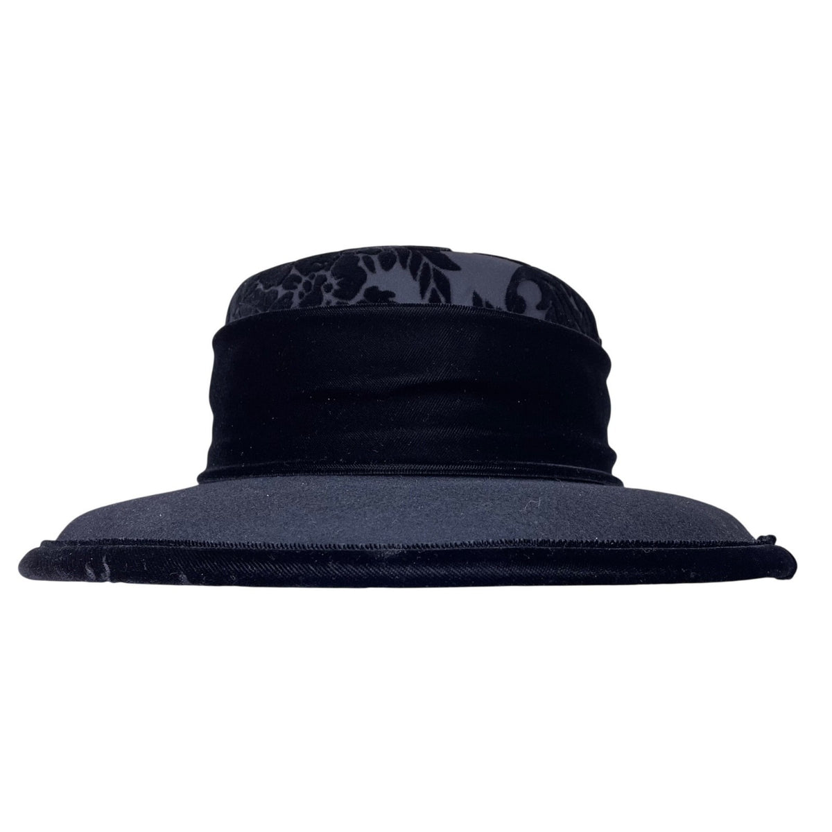 Talbots Women’s Black Velvet & Damask Wide Brim Hat Elegant Floral Pattern