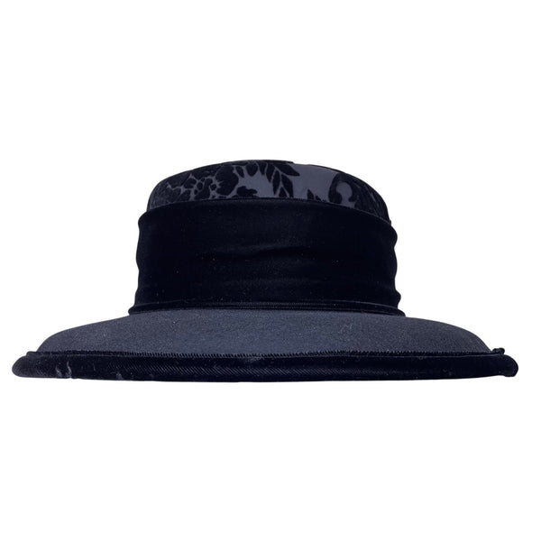 Talbots Women’s Black Velvet & Damask Wide Brim Hat Elegant Floral Pattern