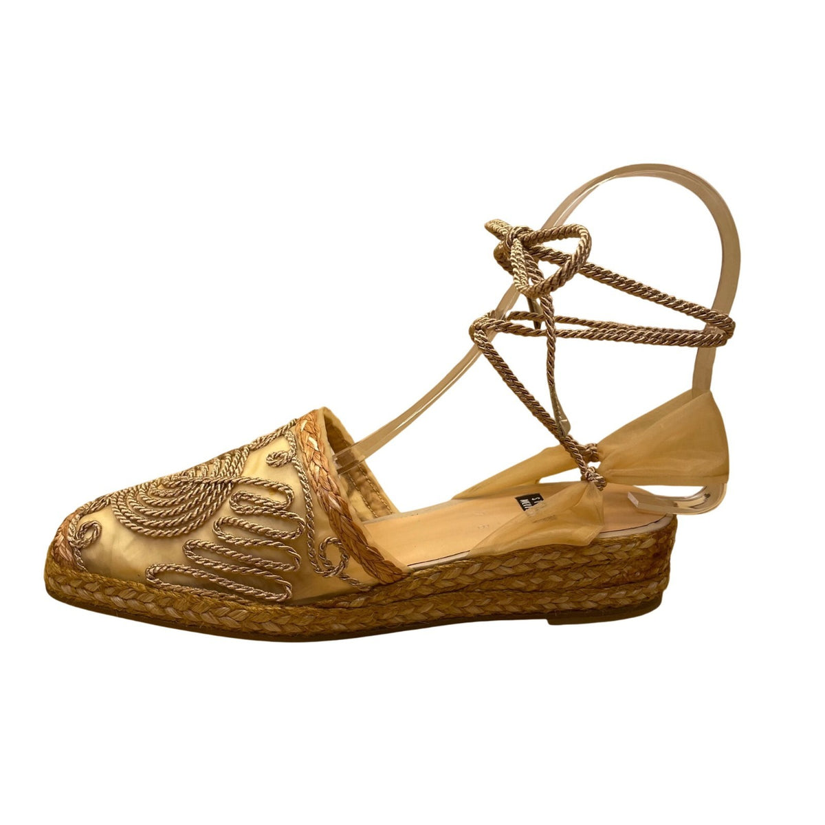 Stuart Weitzman Women’s Brown Embroidered Espadrille Lace-Up Satin Flats Size 7