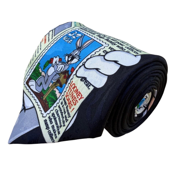 Looney Tunes Mens Black Polyester Bugs Bunny Stamp Collectible Necktie 1997 USA