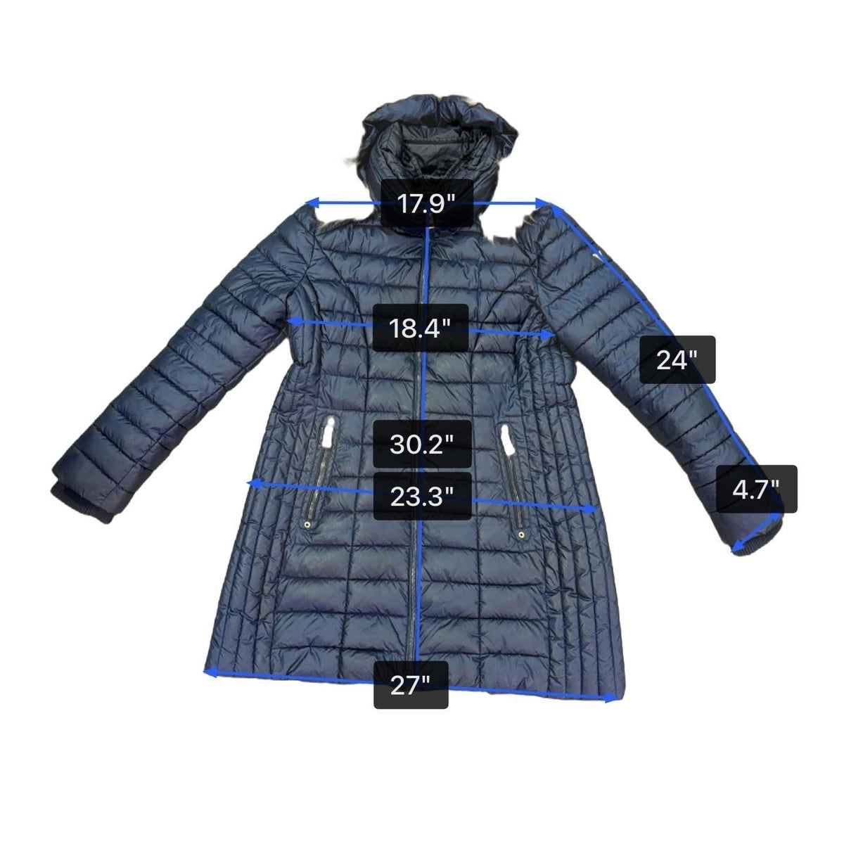 Guess Womens Navy Puffer Coat Faux Fur Hood Quilted Design Knee-Length Sz L