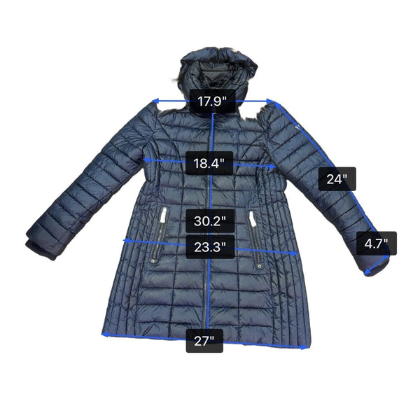 Guess Womens Navy Puffer Coat Faux Fur Hood Quilted Design Knee-Length Sz L