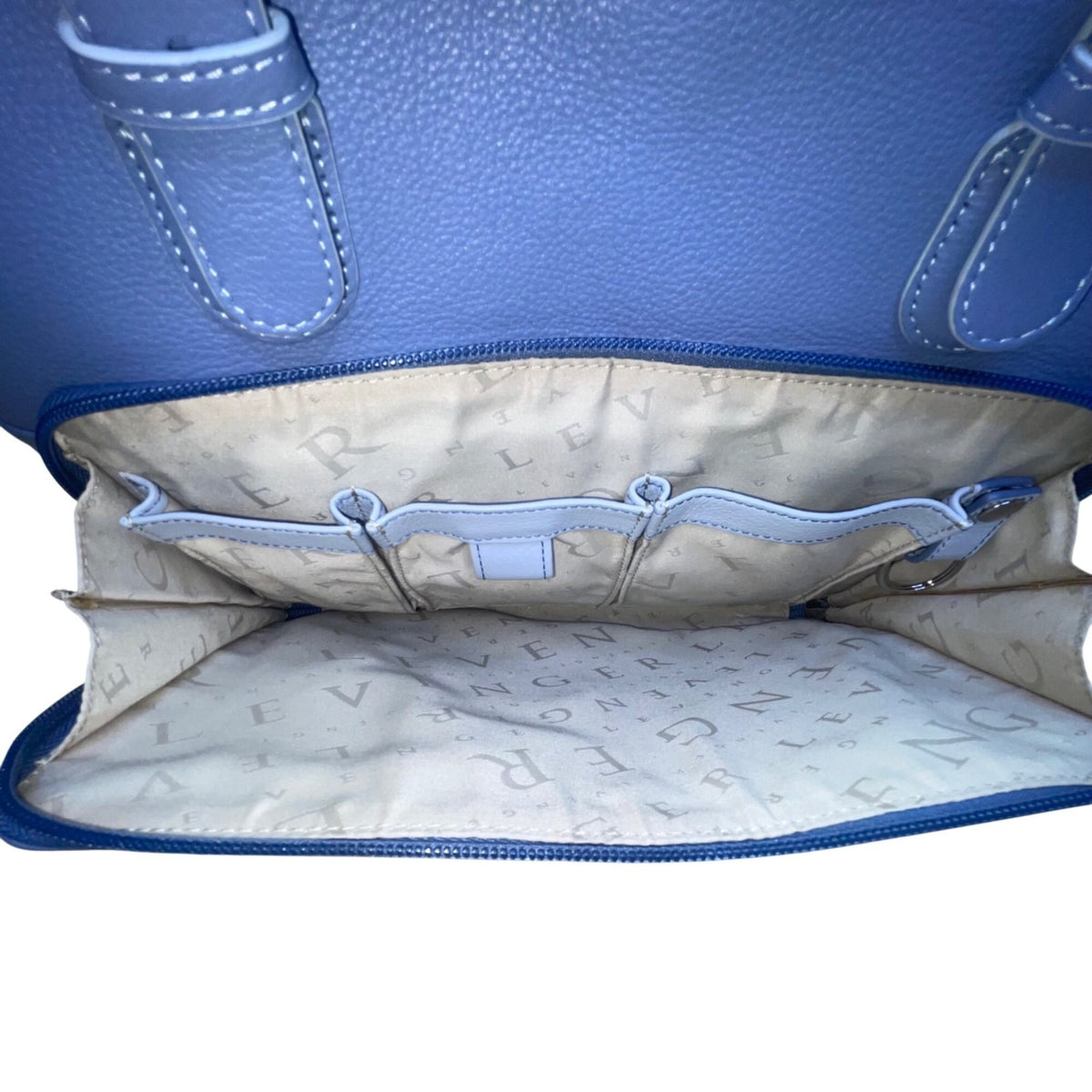 Levenger Women’s Blue Leather Double Handles Front Pocket Shoulder Tote Bag