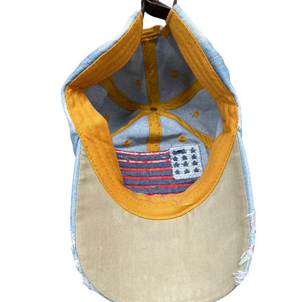 American USA Flag Rhinestone Distressed Design Denim Cap With Adjustable Strap