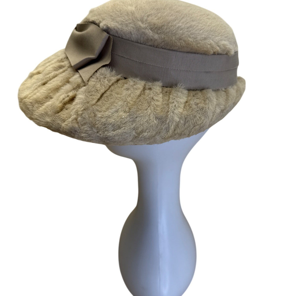 Vintage Beige Faux Fur Womens Hat With Bow Accent & Satin Lining