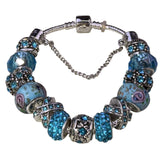 Silver Tone & Blue Womens Beaded Charm Bracelet With Crystal Accents 