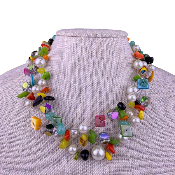 Multi-Strand Womens Multicolor Acrylic & Faux Pearl Necklace 