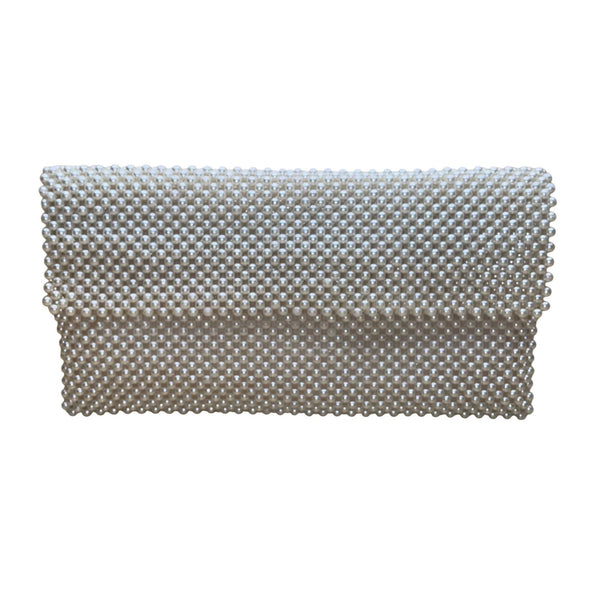 Pearl White Women’s Elegant Beaded Zipper Compartments Clutch Evening Bag