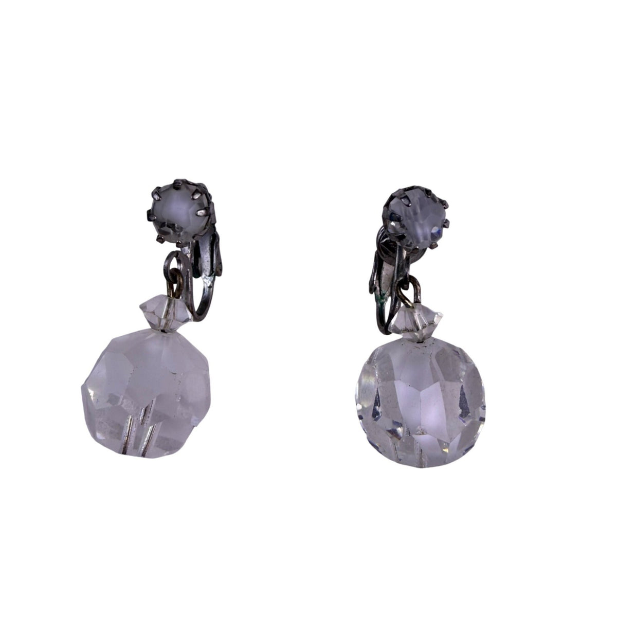 Vintage Womens Clear Faceted Crystal Bead Bracelet & Clip-On Earrings Set