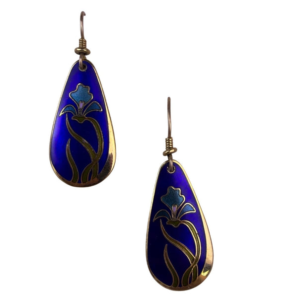 Laurel Burch Womens Blue Cloisonné Enamel Teardrop Earrings Wild Iris Floral