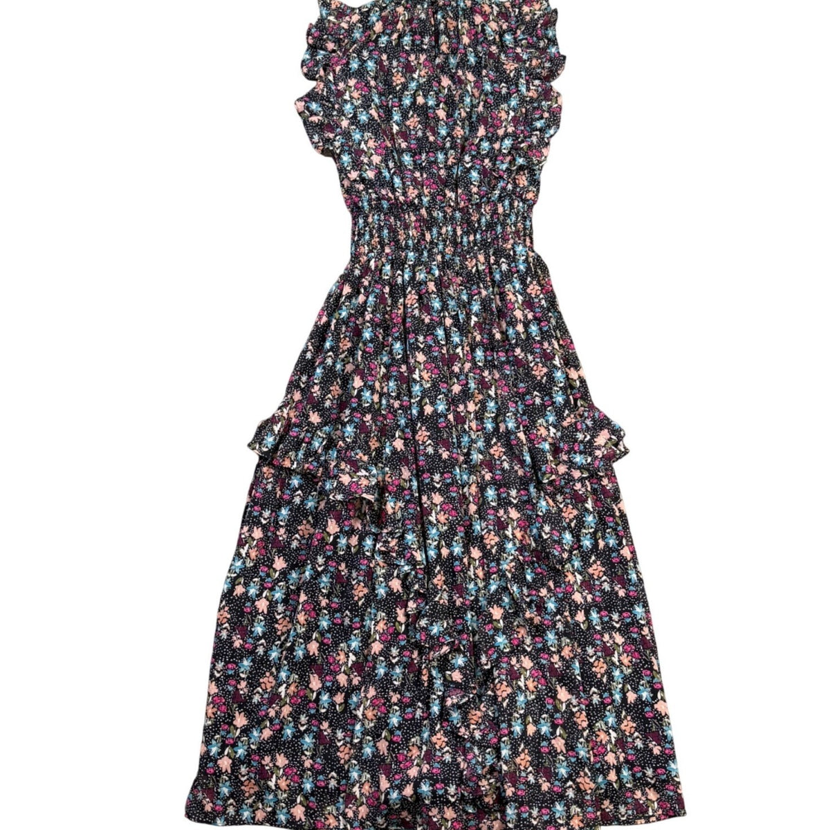 Nanette Lepore Womens Black Floral Midi Dress Ruffled Sleeveless Size 8