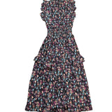 Nanette Lepore Womens Black Floral Midi Dress Ruffled Sleeveless Size 8