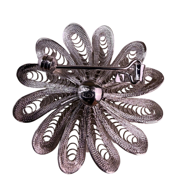 Vintage 925 Silver Tone Womens Flower Filigree Brooch Pin Intricate Petal Design