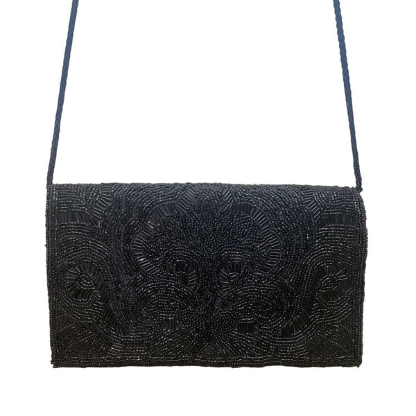Lord & Taylor Women’s Black Beaded Floral Design Shoulder Strap Evening Clutch