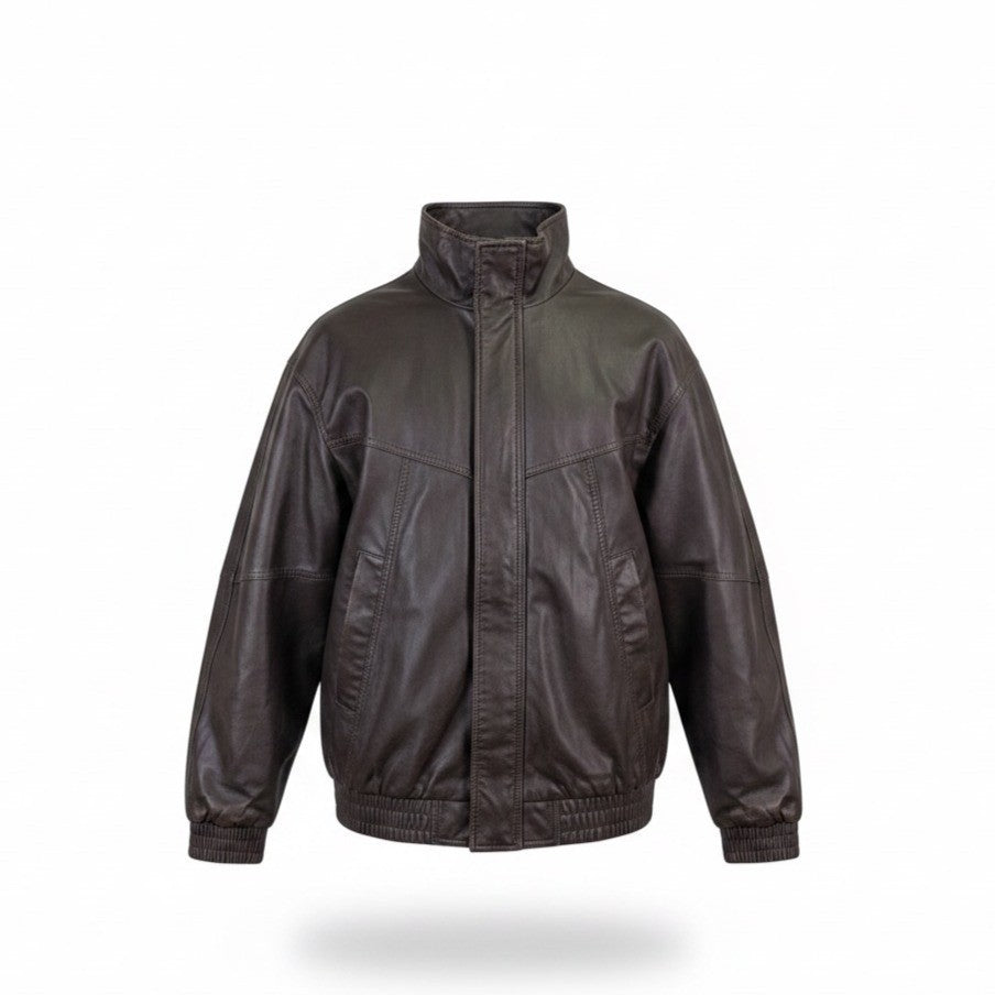 Bershka Mens Brown Faux Leather Bomber Jacket Lining Lightweight Size XL