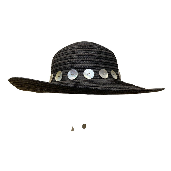 Flora Bella Womens Black Straw Hat W/Mother-Of-Pearl Accents Sun Protection