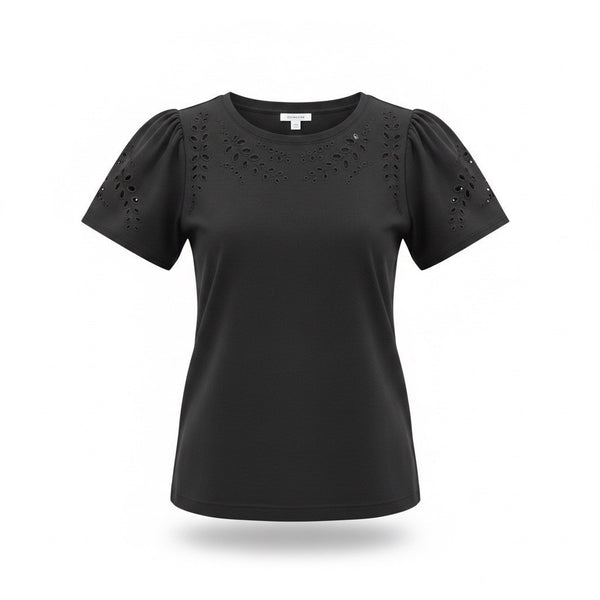 Chicos Womens Black Cotton Eyelet Short Sleeve Top Size 1 US M