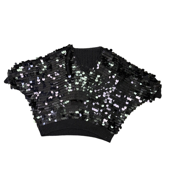 Black Sequin Women’s Cropped Batwing Sweater Top One Size Adjustable Fit