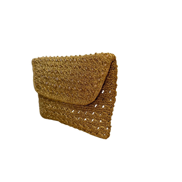 Handcrafted Woven Women’s Gold Metallic Beaded & Satin Lining Mini Clutch