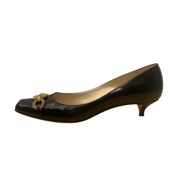 Jimmy Choo Women’s Black Patent Leather Chain Embellished Kitten Heels Size 41.5