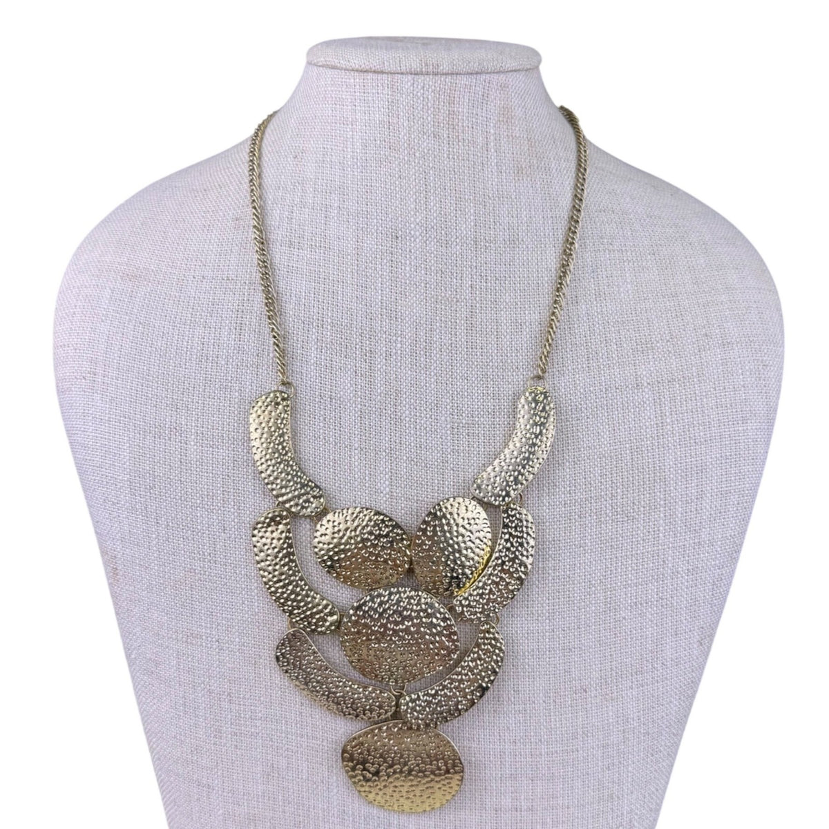 Textured Gold Tone Womens Metal Bib Necklace Tribal Ethnic Design 