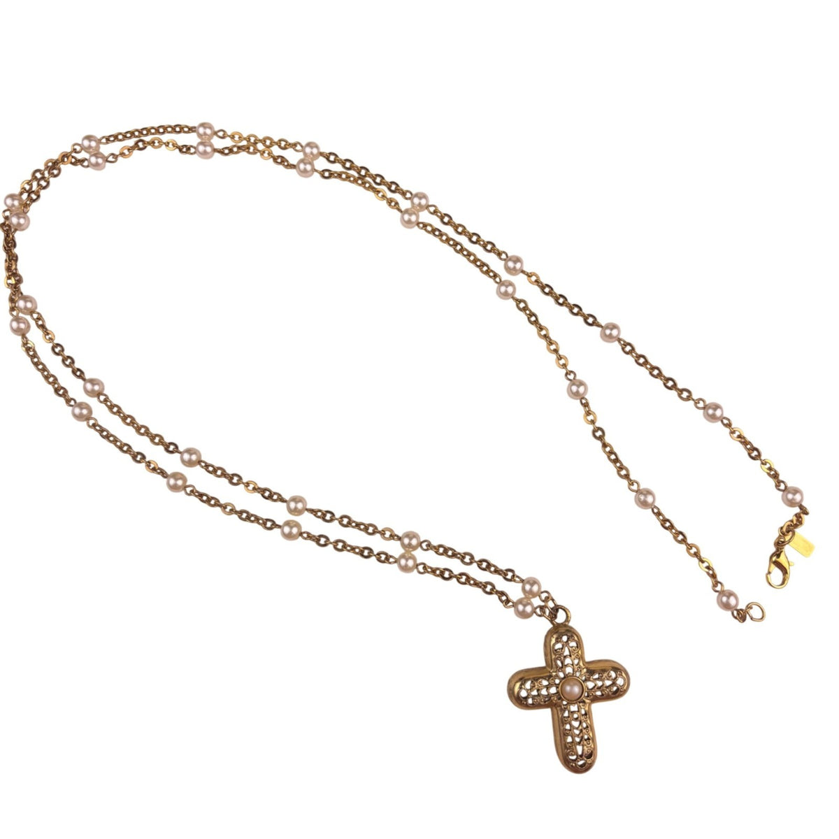 1928 Womens Gold Tone Faux Pearl Cross Pendant Necklace Vintage Jewelry