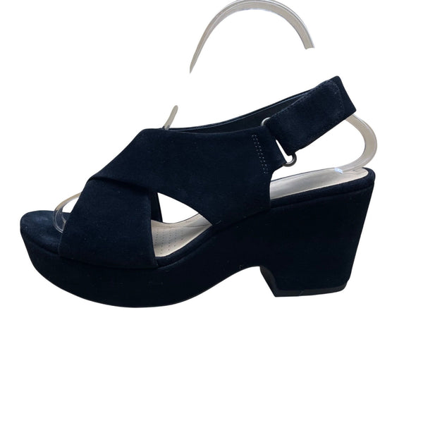 Clarks Women’s Black Suede Open-Toe Slingback Platform Sandals Size 7.5US