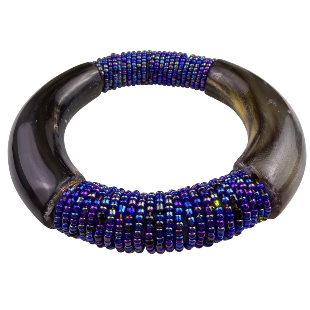 Vintage Womens Black & Purple Beaded Horn Bracelet Statement  Jewelry