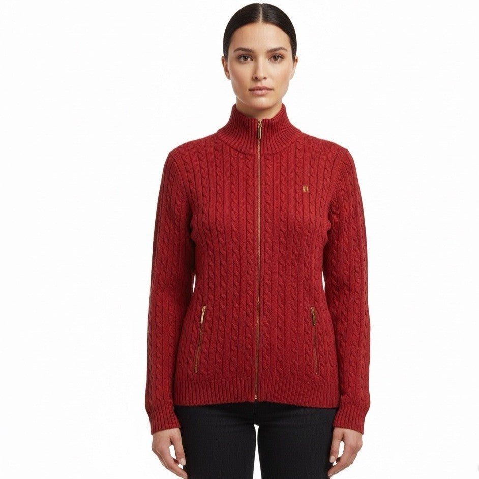 Lauren Ralph Lauren Womens Red Cable Knit Full Zip Sweater With Pockets