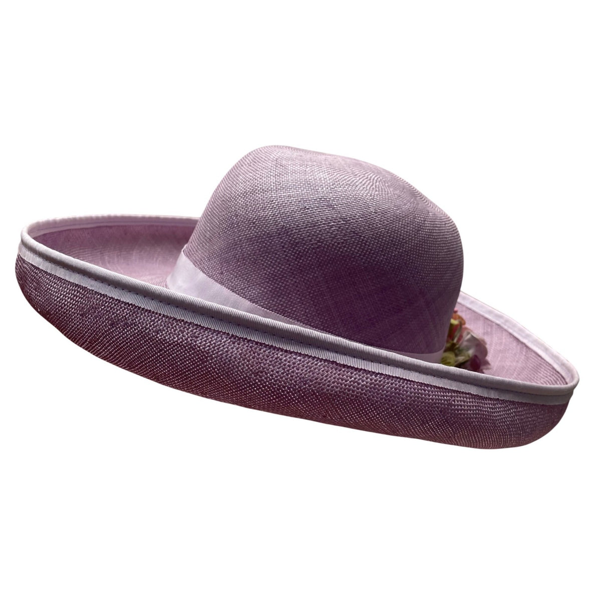 Kathy Jeanne Womens Lilac Straw Floral Derby Hat Elegant Ribbon Wide Brim Handma